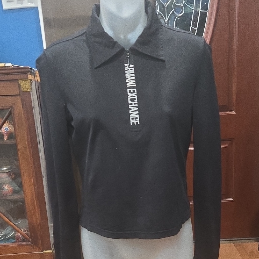 Armani Exchange Half Zipper, Vertical Tape Logo Long Sleeve Tee, XS
